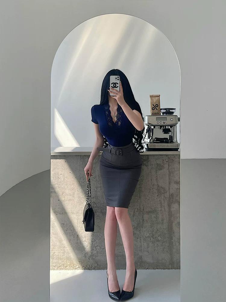 YoungGirlDay Phong cách Hàn Quốc thuần khiết gợi cảm OL váy ôm sát lưng cao xẻ lưng dài vừa phải kèm thắt lưng.