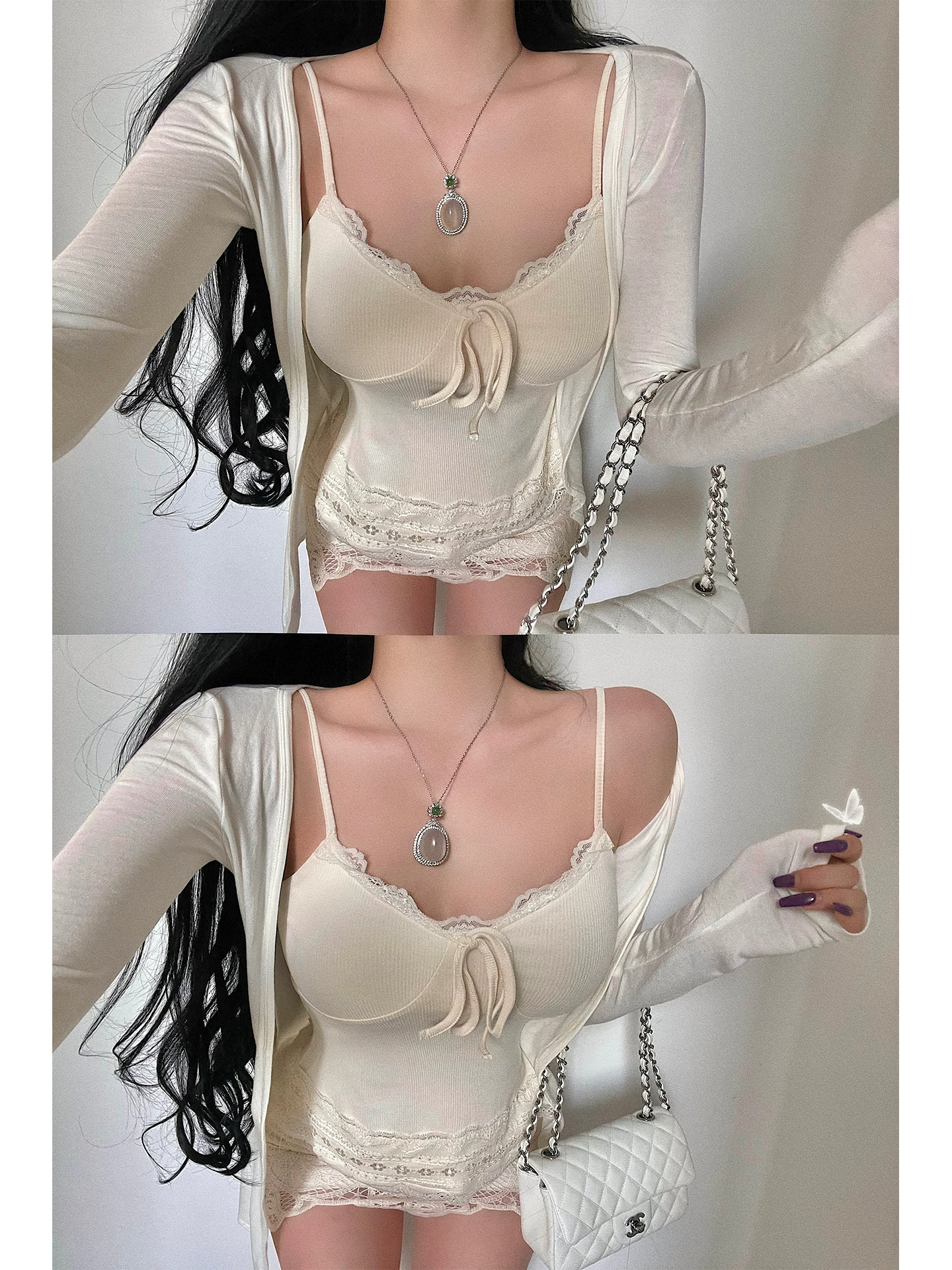 YoungGirlDay thuần khiết khao khát gợi cảm áo ren dài tay áo cardigan ren cạp cao ôm hông váy ngắn