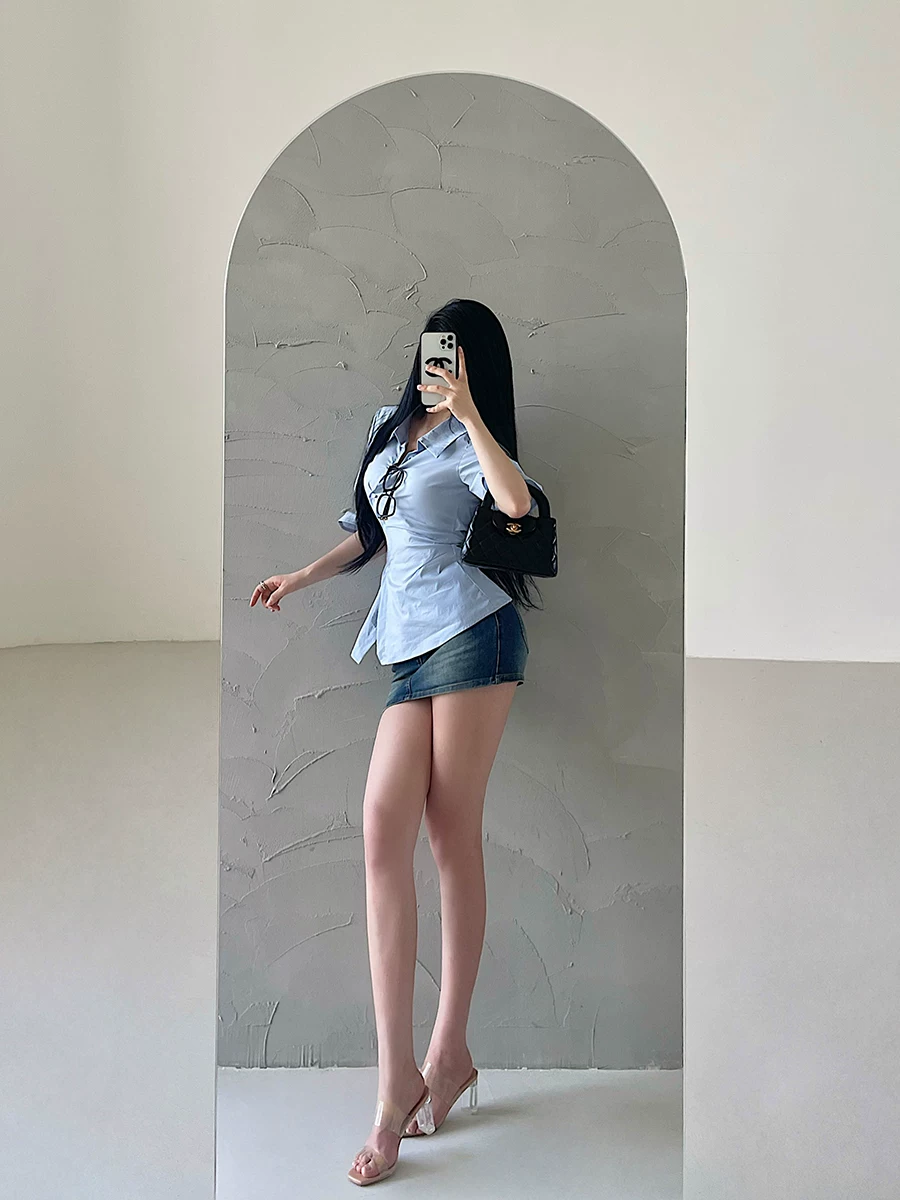 YoungGirlDay Váy denim cạp cao kiểu Mỹ cổ điển có quần short an toàn để chống lộ, váy ngắn ôm sát cơ thể.