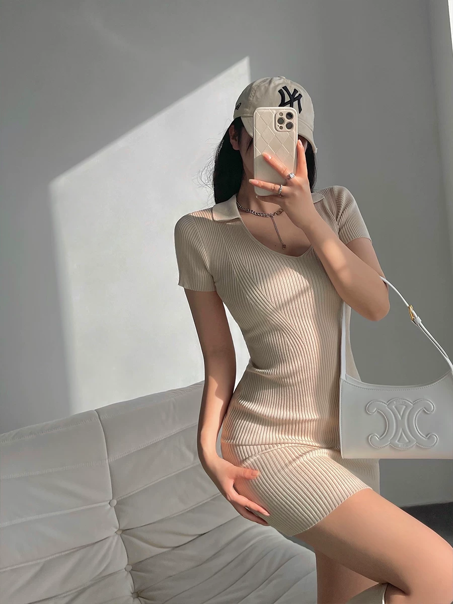 YoungGirlDay Đầm dệt kim ngắn tay cổ chữ V gợi cảm, ôm sát cơ thể dành cho nữ