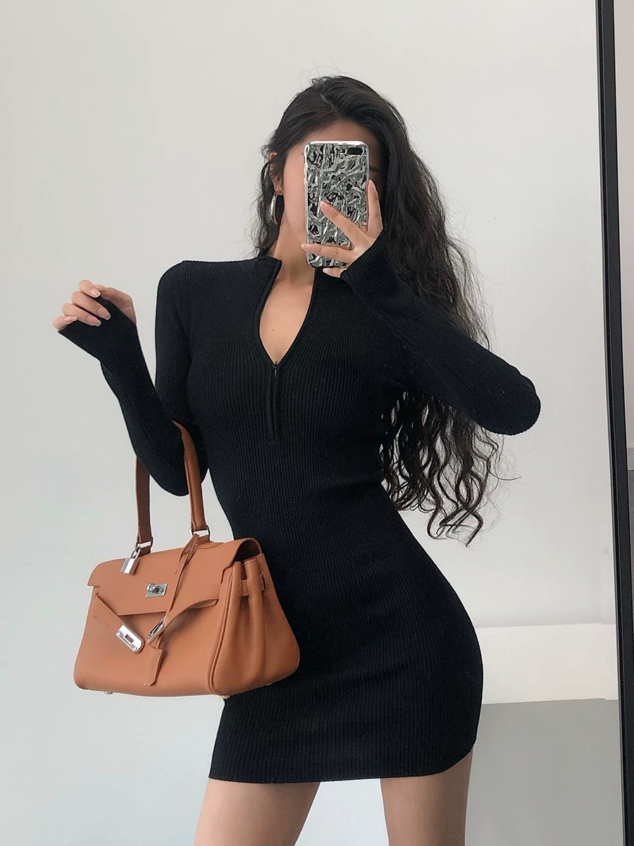 YoungGirlDay Phong cách Âu Mỹ gợi cảm, cổ cao, có khóa kéo, váy ôm sát bodycon dài tay, váy ngắn.