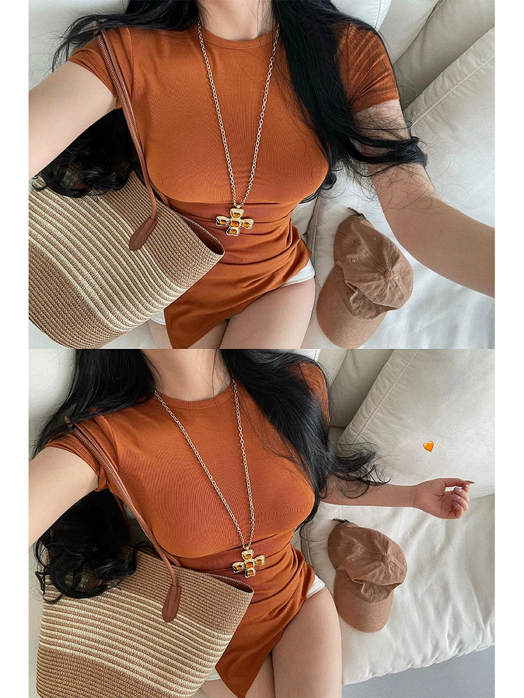 YoungGirlDay khao khát thuần khiết gợi cảm ôm sát eo xếp nếp xẻ tà V-hem áo thun ngắn tay