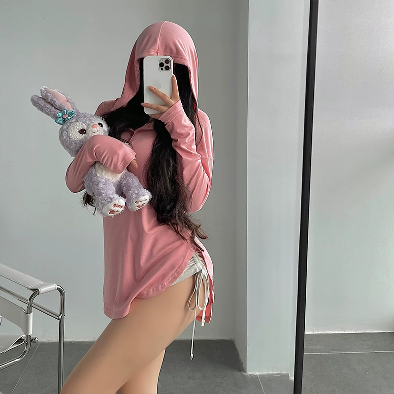 YoungGirlDay khao khát thuần khiết gợi cảm có mũ trùm đầu dây rút dáng rộng giảm béo mỏng chống nắng dài tay áo thun thường ngày
