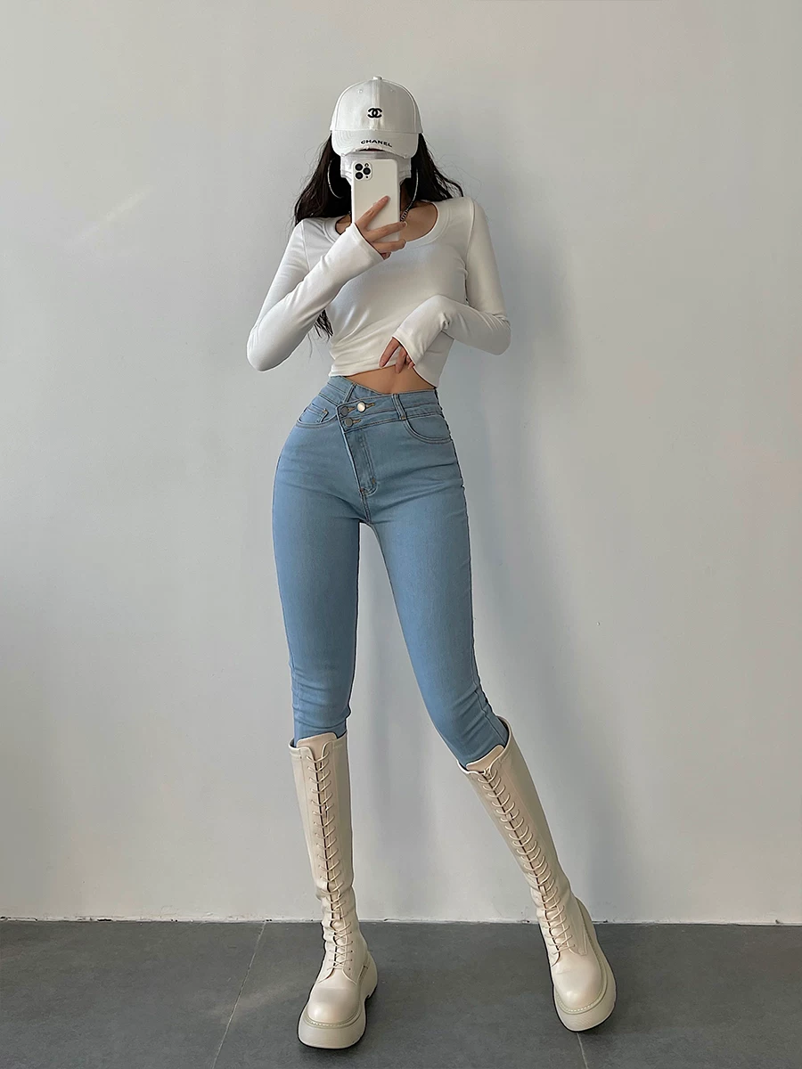 YoungGirlDay Quần dài kiểu dáng châu Âu và Mỹ cạp cao không đều kiểu dáng ôm sát giúp thon gọn quần jean bút chì co giãn