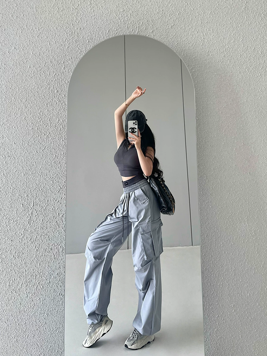 YoungGirlDay Quần jogger dây rút dáng rộng phong cách đường phố kiểu Mỹ, quần cargo có túi lớn, quần dài ống rộng thông thường