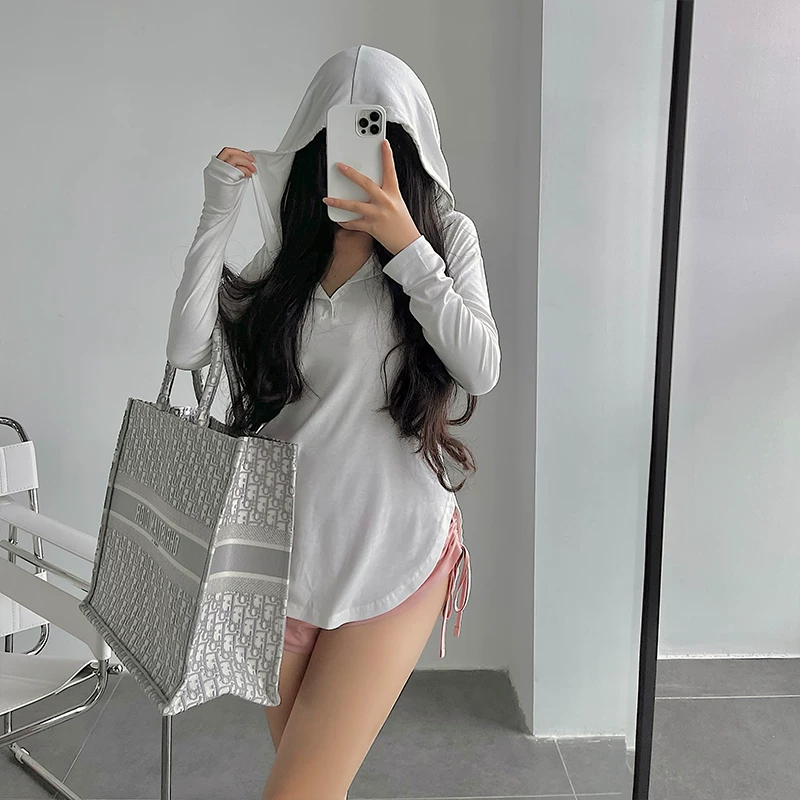 YoungGirlDay khao khát thuần khiết gợi cảm có mũ trùm đầu dây rút dáng rộng giảm béo mỏng chống nắng dài tay áo thun thường ngày