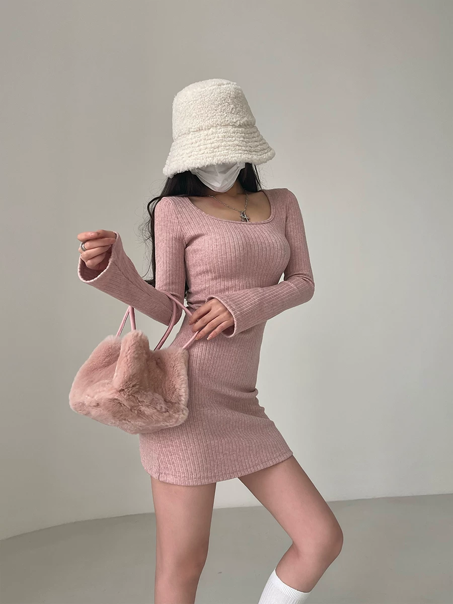 YoungGirlDay phong cách thuần khiết gợi cảm cổ vuông ôm sát tay dài đầm dệt kim bodycon váy ngắn