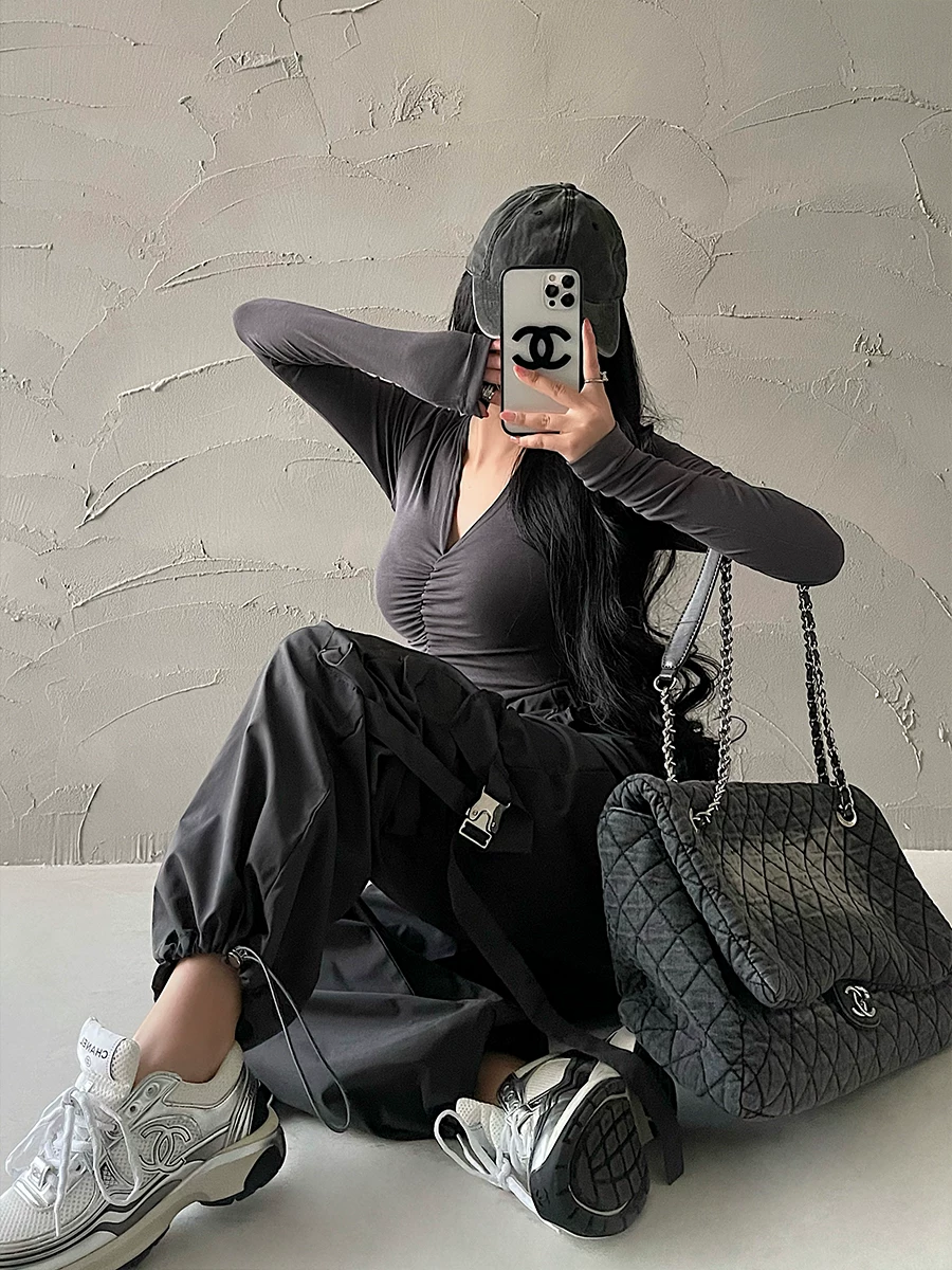YoungGirlDay Quần jogger dây rút eo cao kiểu Mỹ phong cách đường phố kiểu Mỹ quần dài ống rộng thông thường dành cho nữ