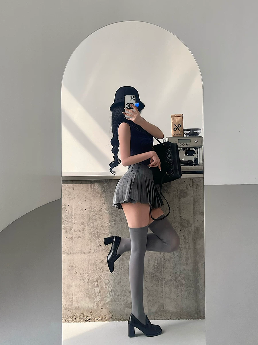 YoungGirlDay Phong cách thuần khiết khao khát phong cách Hot Girl Gợi cảm eo thấp chữ A Giảm béo sọc Bộ đồ váy xếp ly Váy ngắn