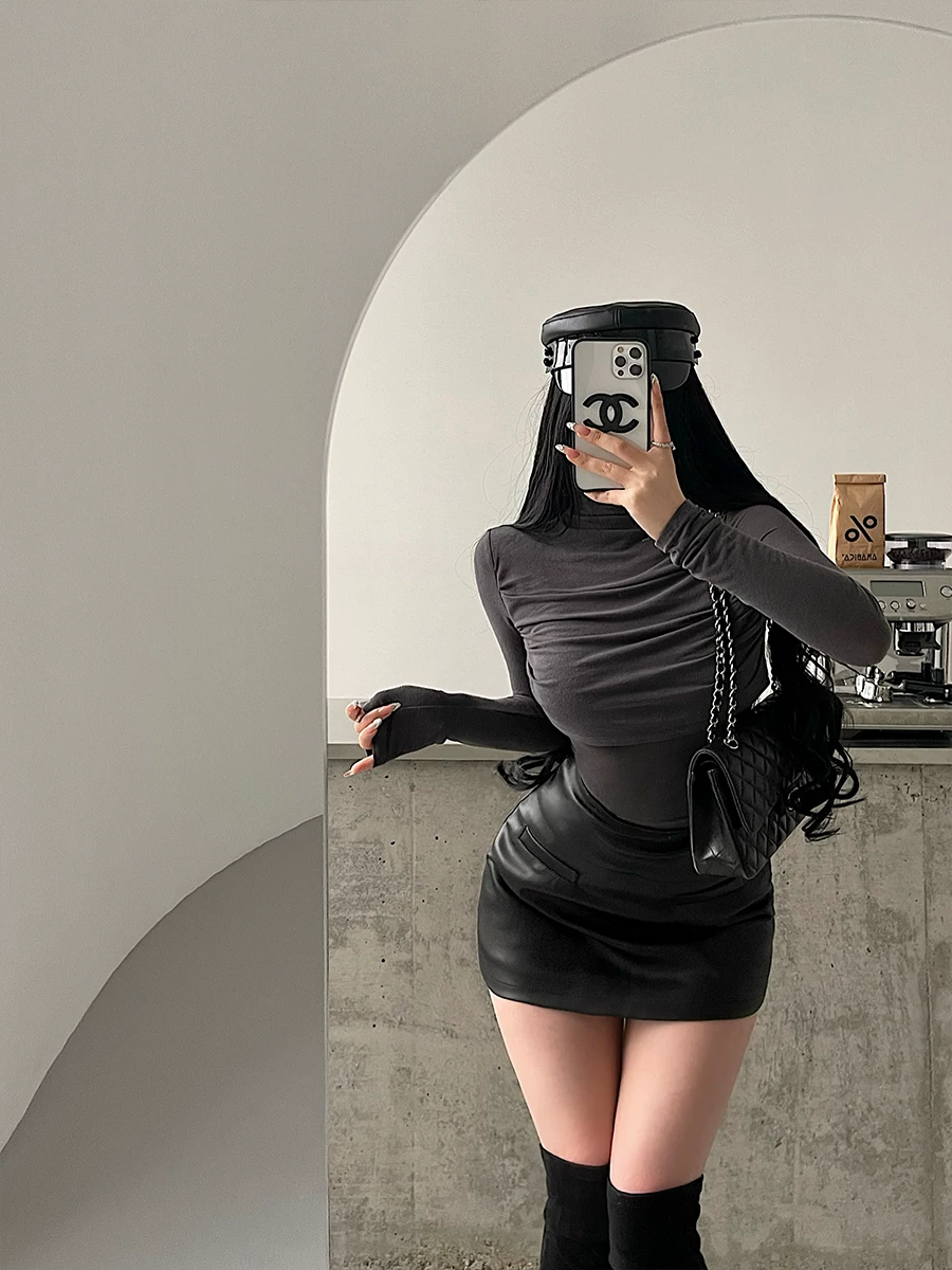 YoungGirlDay Váy da PU cạp cao gợi cảm có quần short an toàn để chống lộ, váy ngắn ôm sát cơ thể.