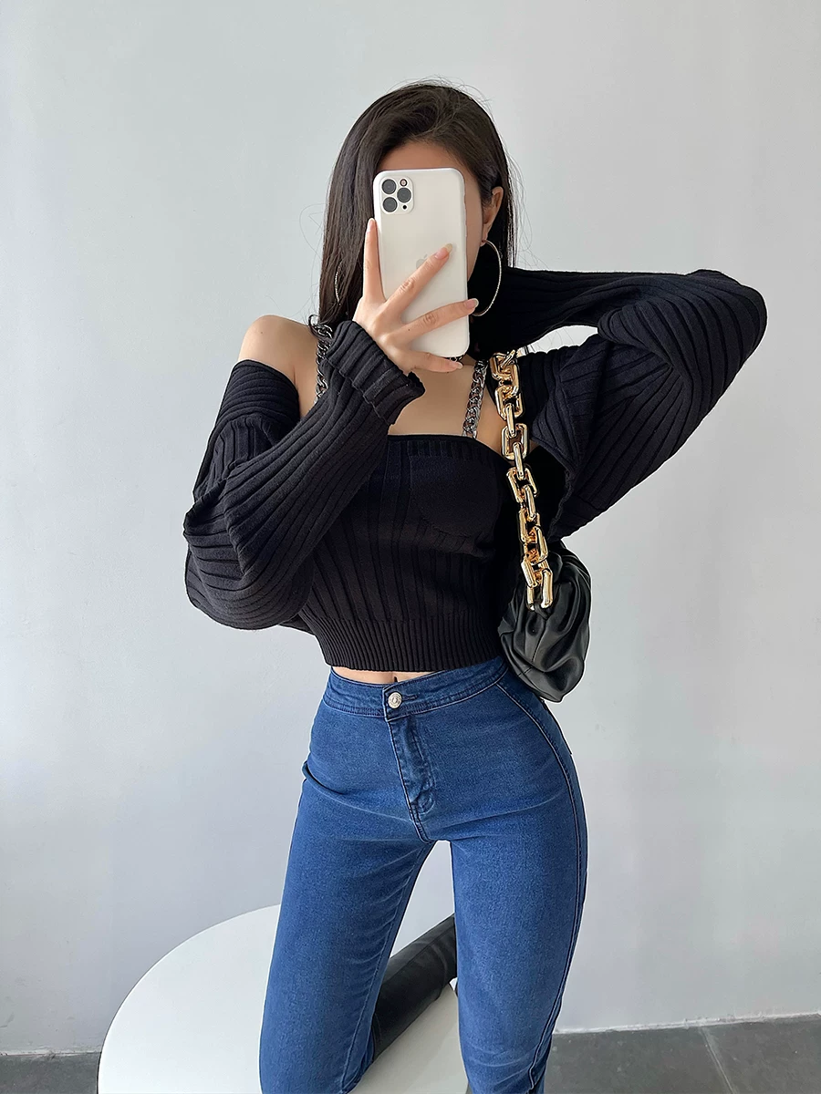 YoungGirlDay Áo dệt kim dài tay thời trang Âu Mỹ, bộ hai mảnh áo yếm ôm sát gợi cảm