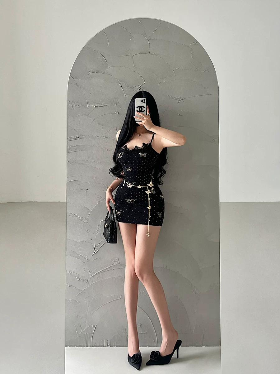 YoungGirlDay khao khát thuần khiết hot girl in hình bướm đính đá sáng bóng ren treo váy váy ngắn ôm sát hông