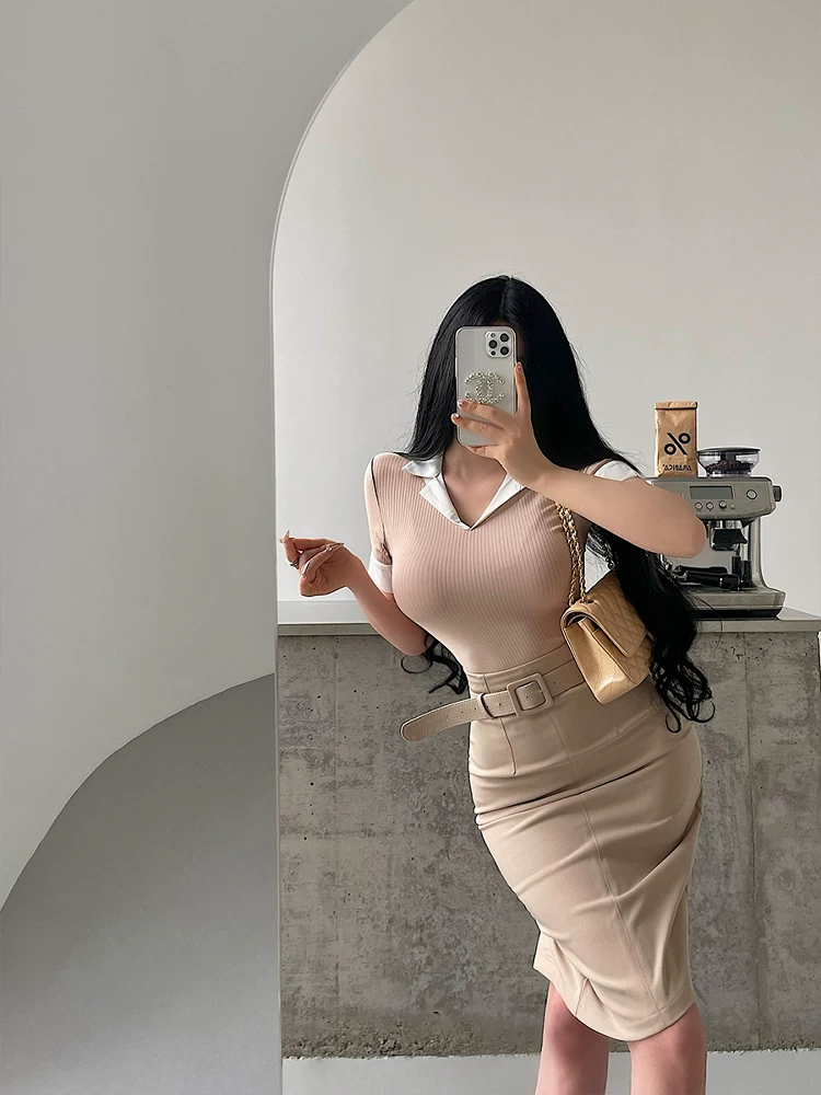 YoungGirlDay Pure Desire Style OL Slim Fit Áo sơ mi giảm béo ôm eo có màu sắc tương phản Áo thun ngắn tay có cổ tay áo màu tương phản dành cho nữ.