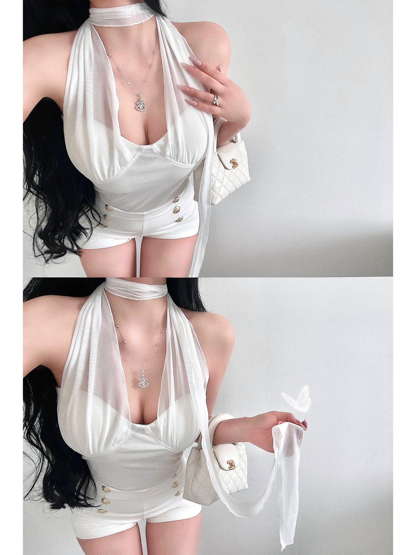 Áo kiểu YoungGirlDay thuần khiết gợi cảm, hở lưng, ôm sát cơ thể, có mút ngực tích hợp, áo hai dây lưới phối ren.
