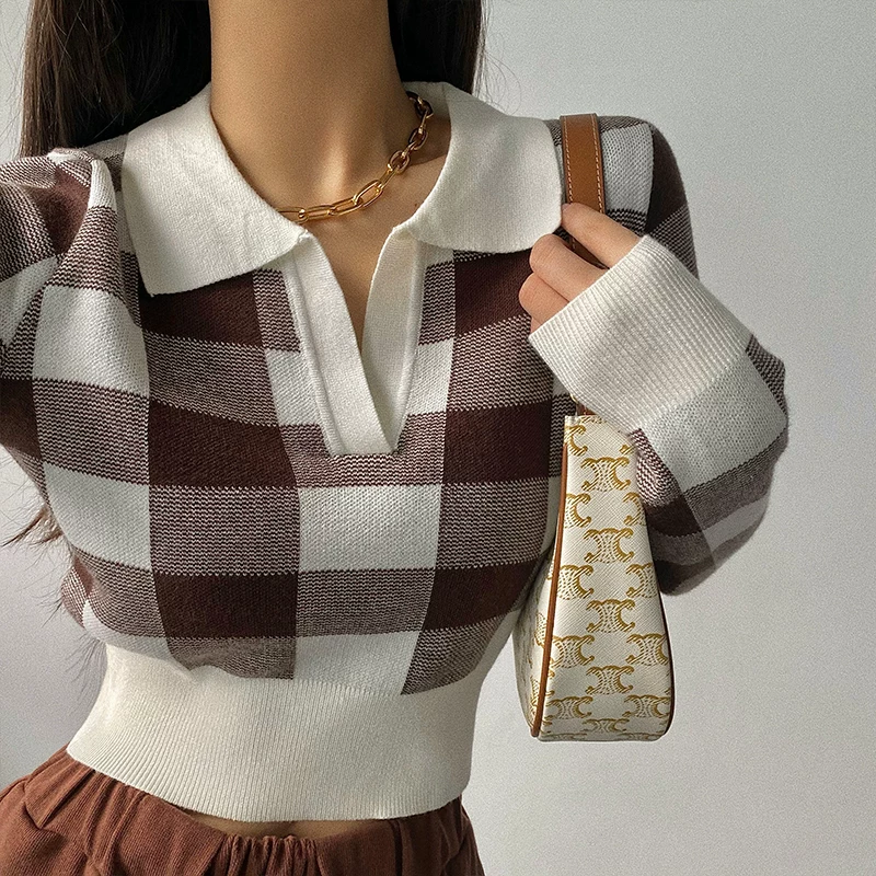 YoungGirlDay Áo len kẻ sọc cổ điển kiểu Mỹ kiểu dáng ôm sát eo ngắn, áo len dệt kim dài tay hợp thời trang