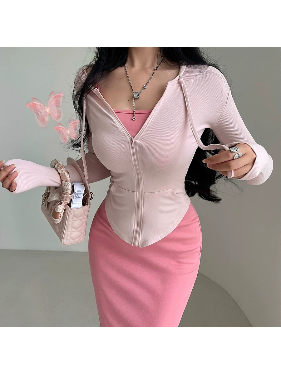 YoungGirlDay khao khát thuần khiết gợi cảm có mũ trùm đầu dây rút vừa vặn áo khoác cardigan dài tay có khóa kéo siêu mỏng áo khoác chống nắng