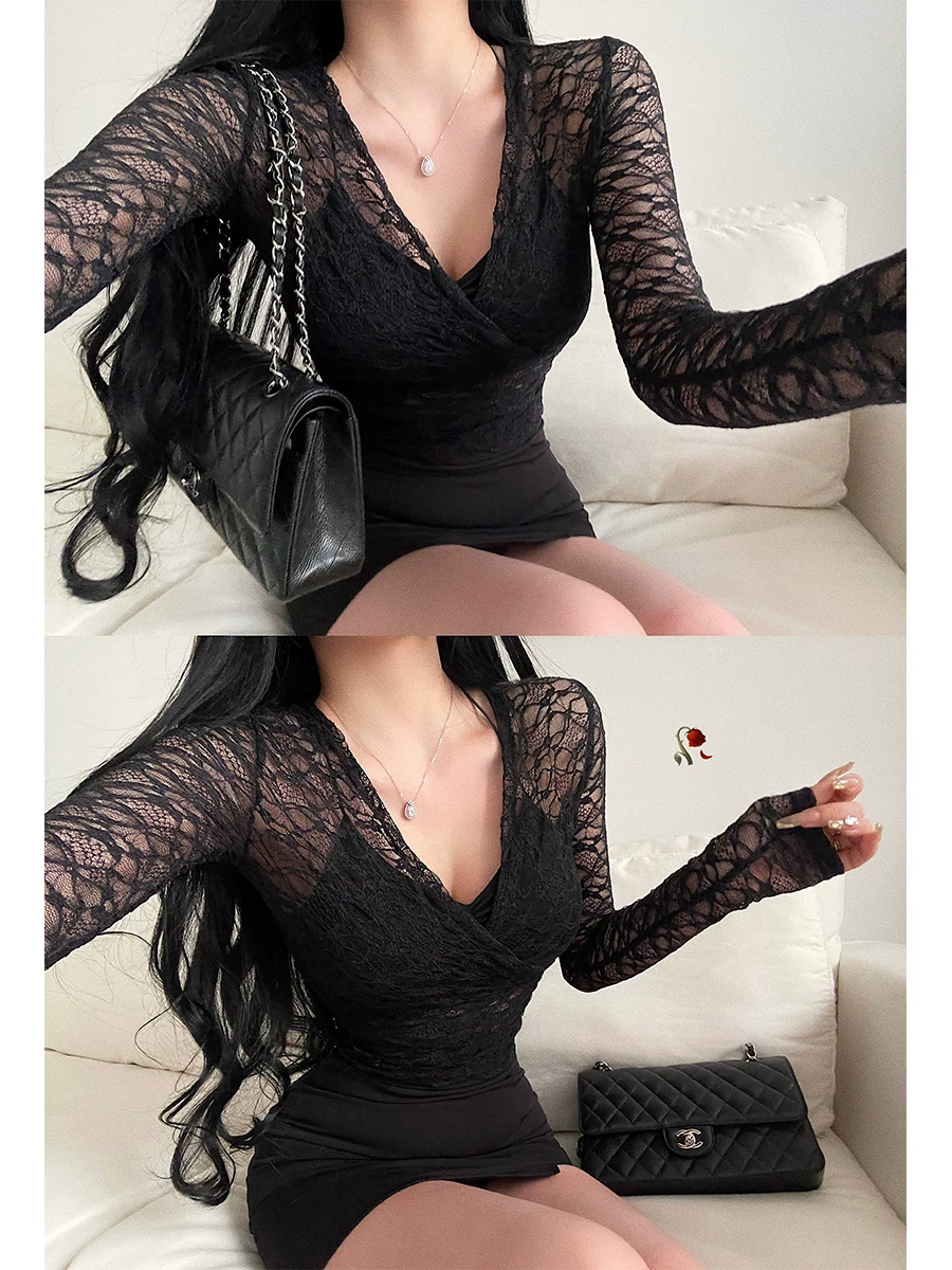 YoungGirlDay Pure Desire Atmosphere Cổ chữ V gợi cảm Slim Fit eo thon dài tay khoét lỗ hơi xuyên thấu Áo ren hơi xuyên thấu