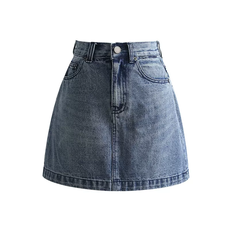 YoungGirlDay Phong cách châu Âu và Mỹ, chân váy ngắn denim vintage cạp cao có túi, kiểu dáng chữ A đa năng, đã qua xử lý làm cũ