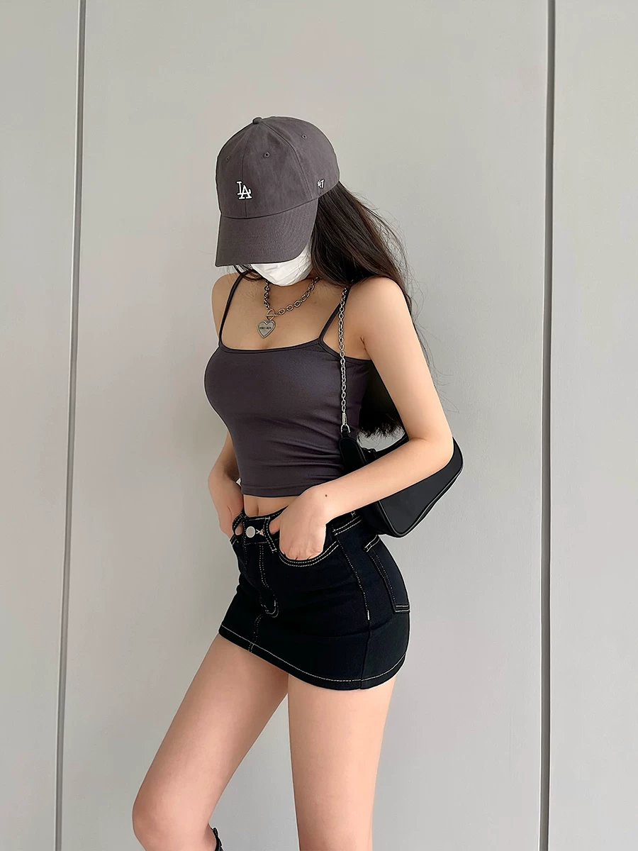 Áo crop top ngắn bó sát gợi cảm YoungGirlDay, hở rốn, áo hai dây đa năng màu trơn co giãn.
