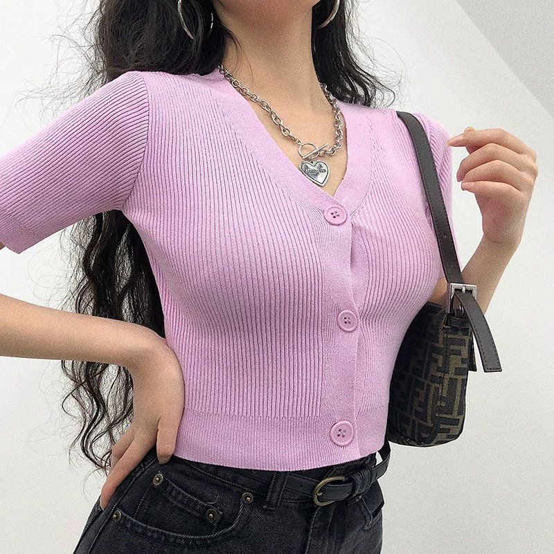YoungGirlDay Áo thun cardigan ngắn tay cổ chữ V ngắn gợi cảm phong cách Âu Mỹ kiểu dáng ôm vừa vặn ba nút
