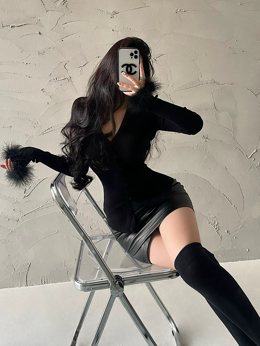 YoungGirlDay Pure Desire Áo len dệt kim cổ chữ V gợi cảm, dáng ôm vừa vặn, tay áo bồng bềnh