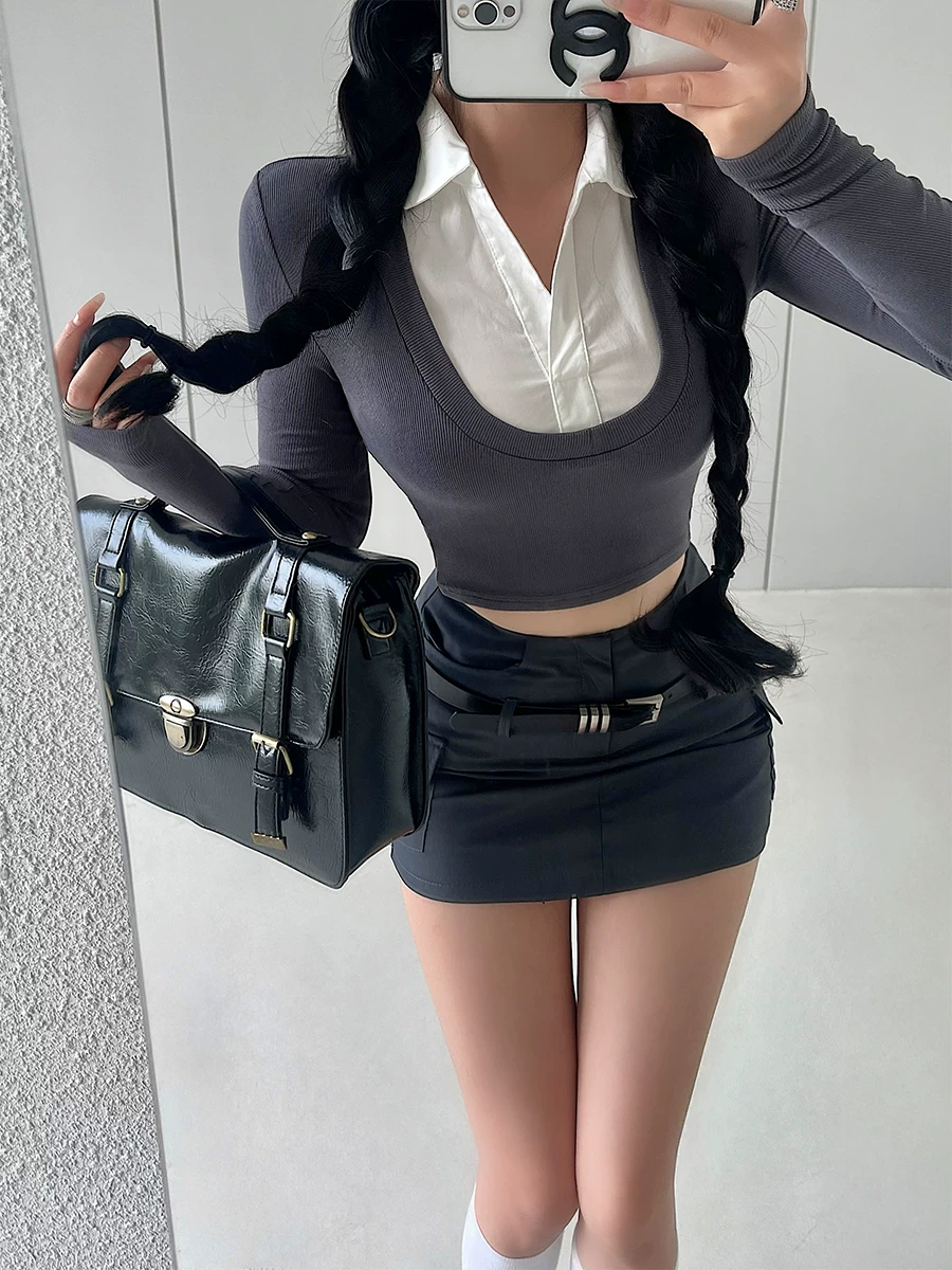YoungGirlDay Pure Desire Gợi cảm có cổ áo kiểu dáng ôm vừa vặn Áo crop top ngắn tay dài giả hai mảnh dành cho nữ.
