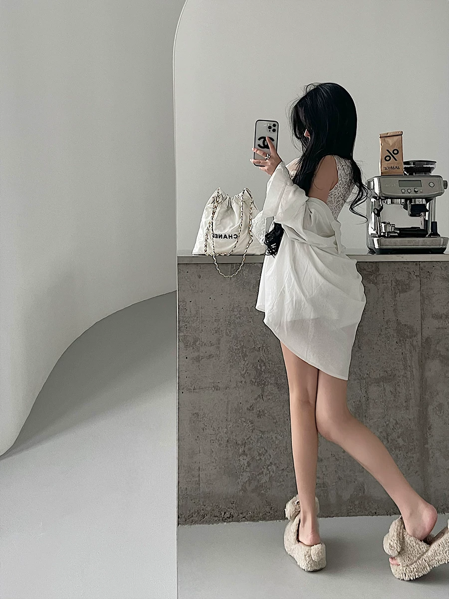 YoungGirlDay áo vest ren thuần khiết gợi cảm, tay áo đơn, phối vải chắp vá, bộ áo sơ mi và quần short giả hai mảnh