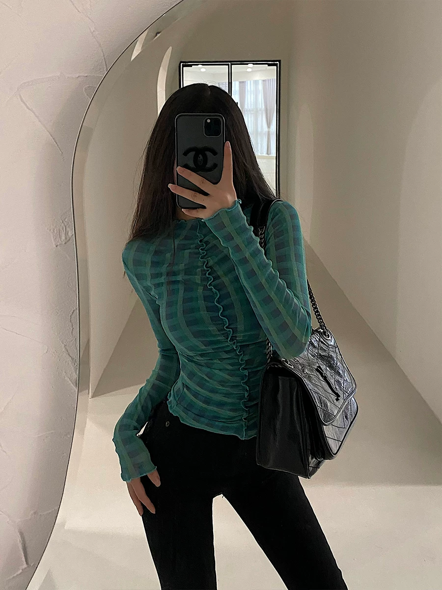Áo thun dài tay phối lưới, xếp ly, ôm sát, gợi cảm YoungGirlDay dành cho nữ