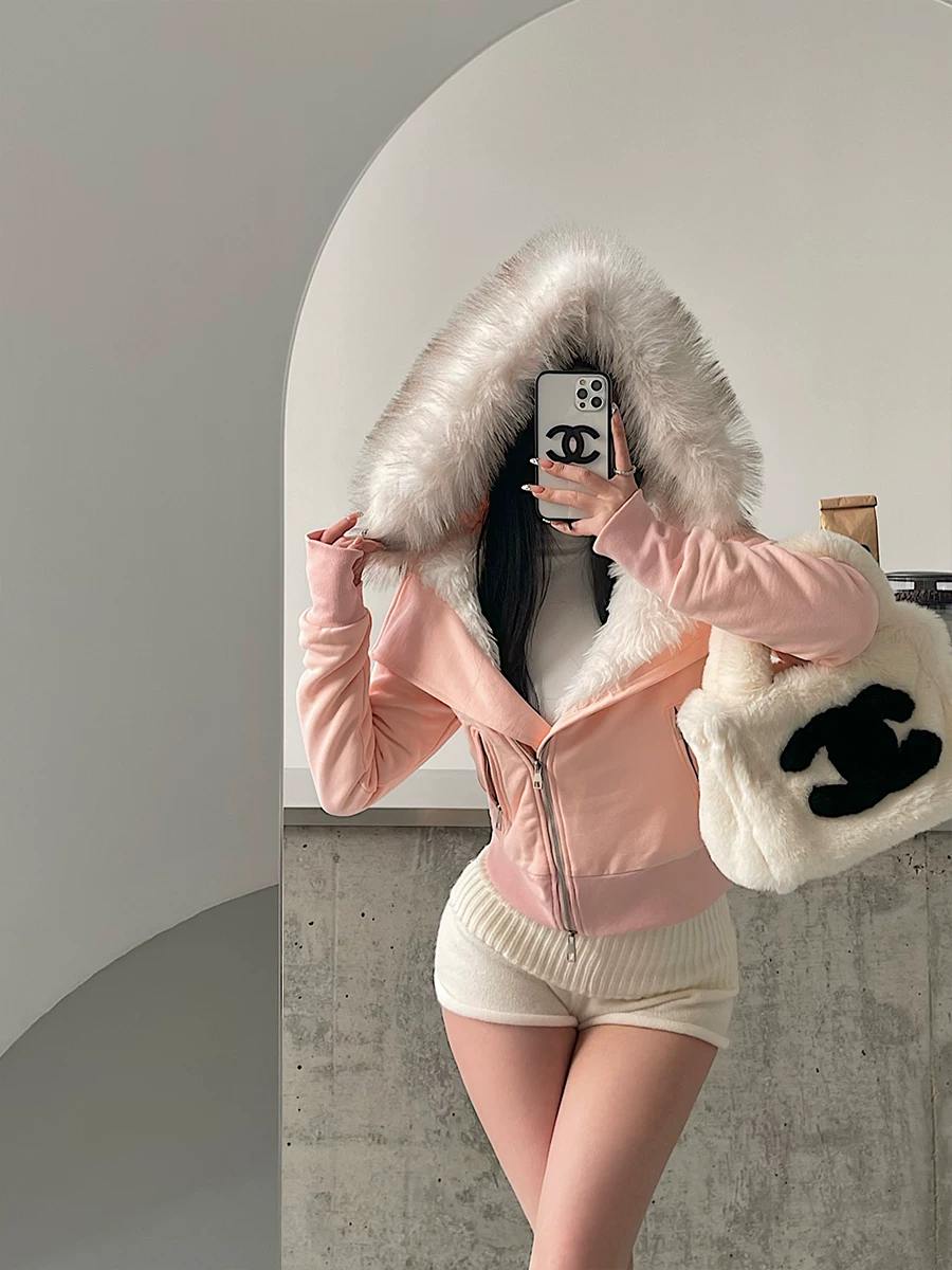 YoungGirlDay khao khát thuần khiết cô gái ngọt ngào có mũ trùm đầu cổ lông có khóa kéo lót lông cừu dày bên trong áo nỉ áo khoác cotton