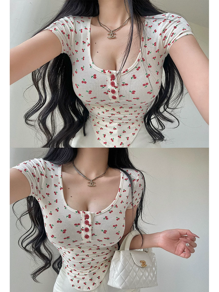YoungGirlDay phong cách cô gái ngọt ngào thuần khiết Áo thun ngắn tay cổ chữ U ôm vừa vặn có dây rút eo in hình quả anh đào