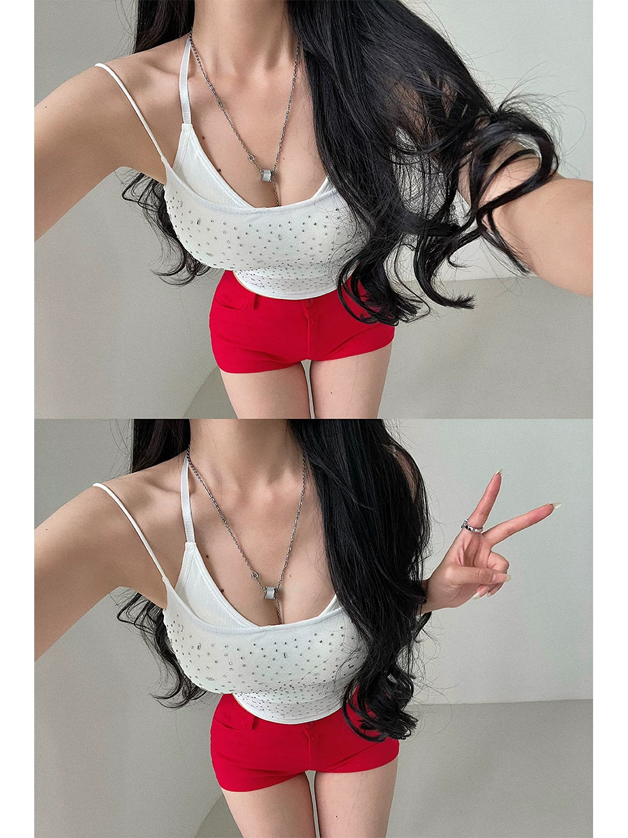 YoungGirlDay Áo crop top ngắn hai lớp lưới đính đá lấp lánh phong cách Mỹ gợi cảm hot girl hợp thời trang