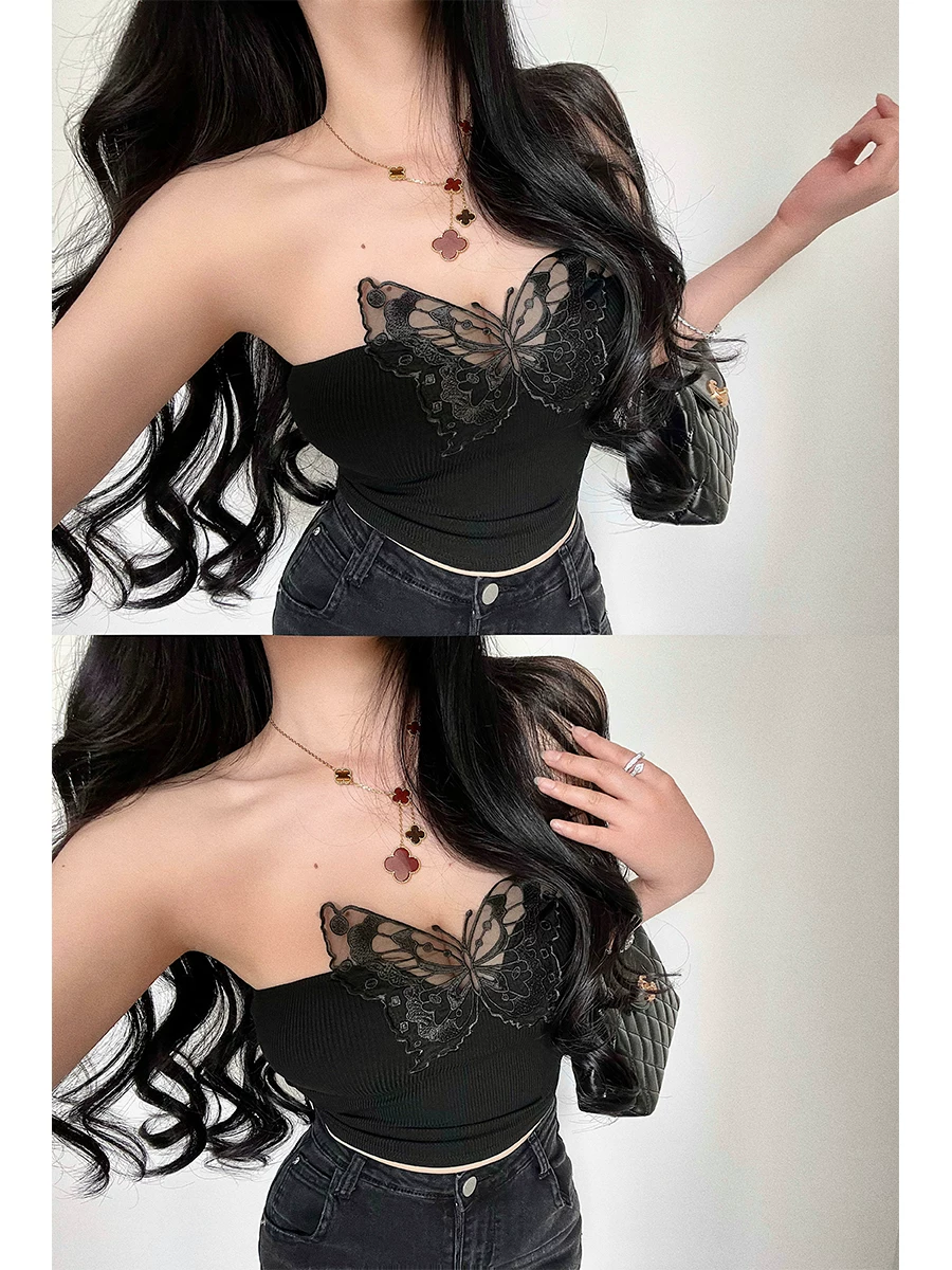 YoungGirlDay khao khát thuần khiết gợi cảm, áo crop top ngắn thêu ren hình bướm, áo ống ngắn.