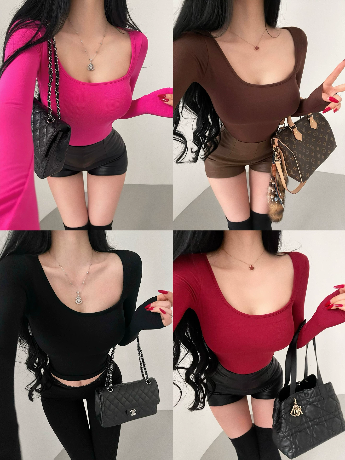 YoungGirlDay Pure Desire Style Áo thun dài tay bó sát cổ không đều kiểu dáng gợi cảm có miếng đệm ngực.