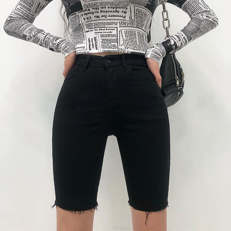 YoungGirlDay Quần short denim ôm sát eo cao màu đen phong cách châu Âu và Mỹ