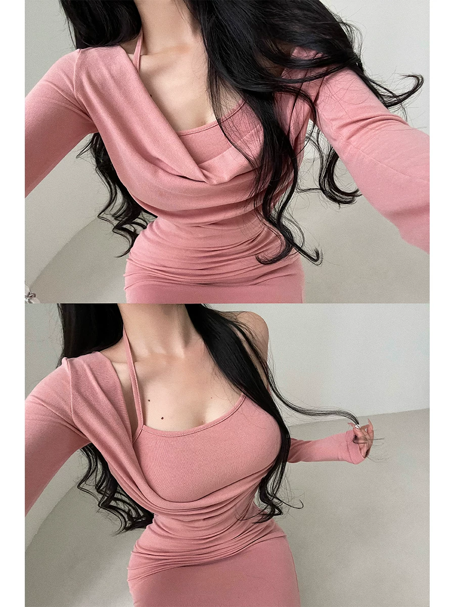 YoungGirlDay phong cách thuần khiết gợi cảm, cổ áo xếp nếp giả hai mảnh, cổ halter, tay dài, ôm sát, váy đuôi cá dài vừa phải