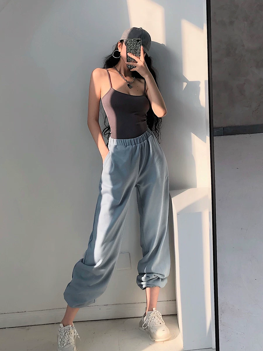 YoungGirlDay Quần dài thể thao cạp cao phong cách Âu Mỹ đa năng, dáng rộng, dáng suông, có lót lông cừu, quần dài thể thao jogger dày dặn