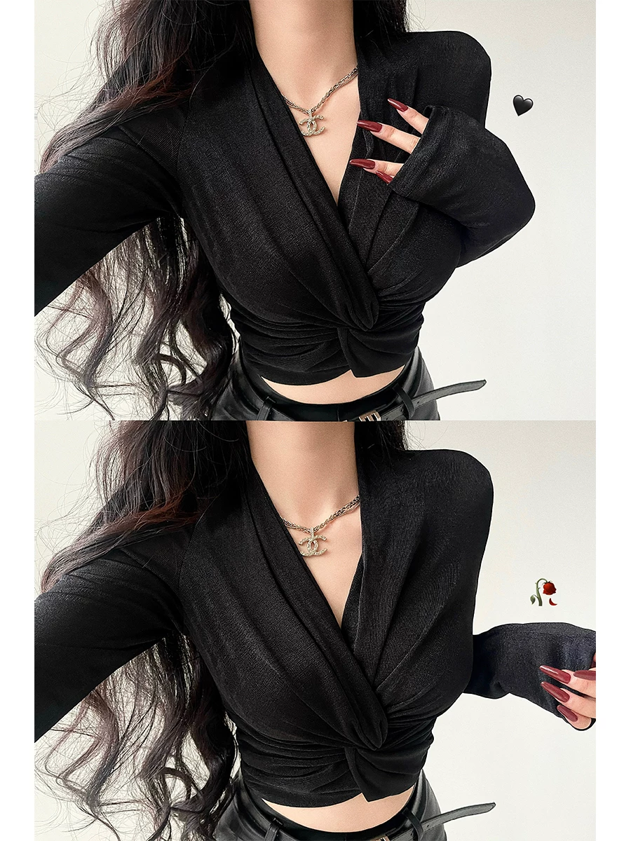 YoungGirlDay Pure Desire Cổ chữ V gợi cảm Slim Fit Twist Eo Giảm béo Áo sơ mi dài tay Áo thun dành cho nữ.