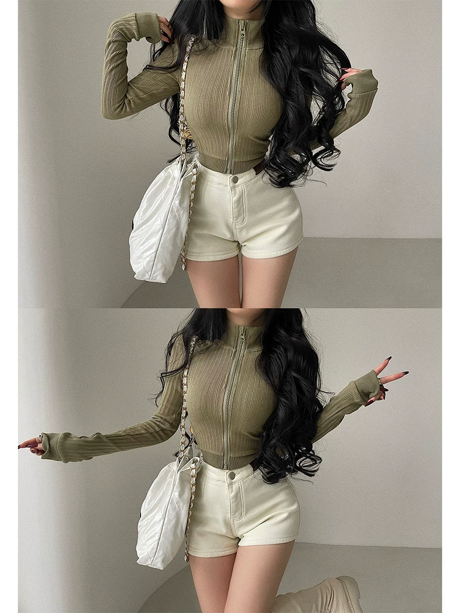 YoungGirlDay Áo khoác cardigan có khóa kéo cổ đứng phong cách châu Âu và Mỹ dành cho cô gái cá tính, áo khoác dệt kim dài tay có gân, dáng ôm vừa vặn