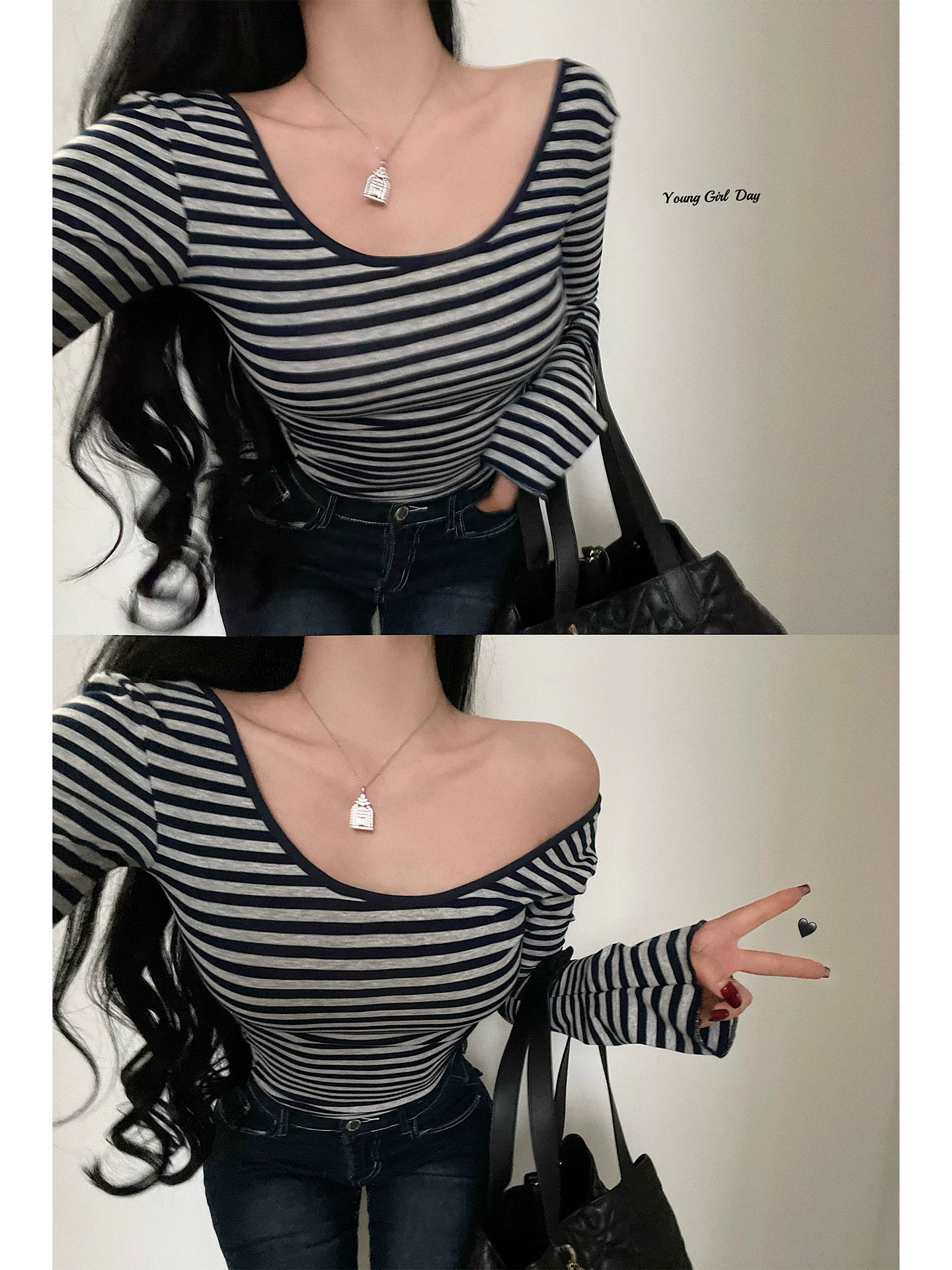 YoungGirlDay khao khát thuần khiết hot girl gợi cảm cổ chữ U hở lưng buộc dây ôm vừa vặn áo thun sọc tay chuông