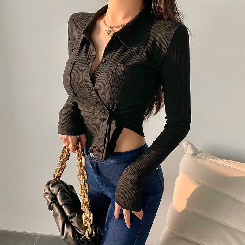 YoungGirlDay Áo thun ngắn tay dài có ve áo, hai túi, phong cách retro kiểu Mỹ, kiểu dáng ôm vừa vặn