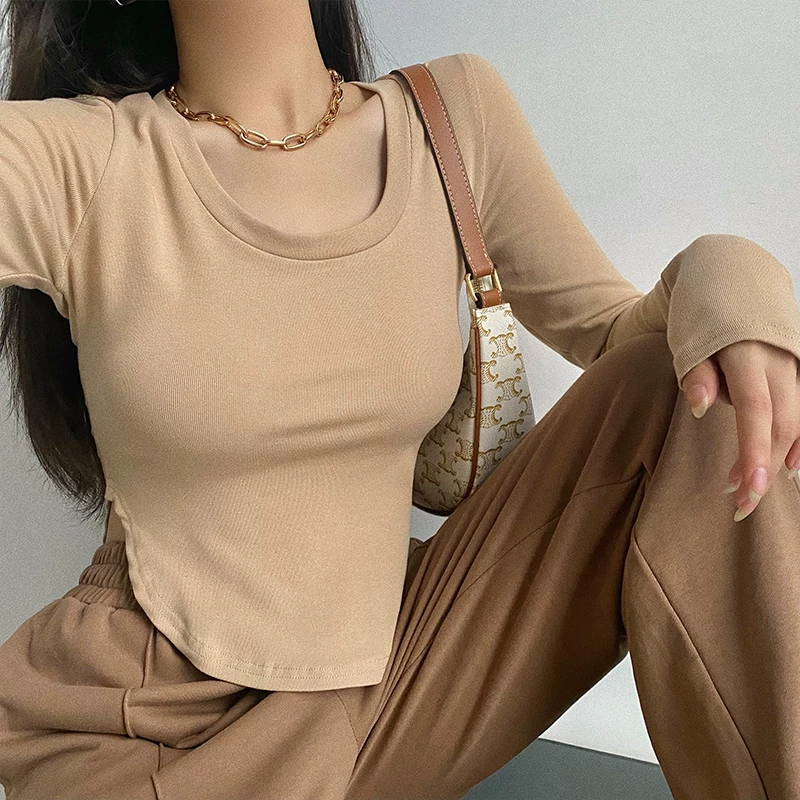 YoungGirlDay Pure Desire Hot Girl Gợi cảm Slim Fit Cổ tròn viền cong Áo thun dài tay cơ bản hàng đầu