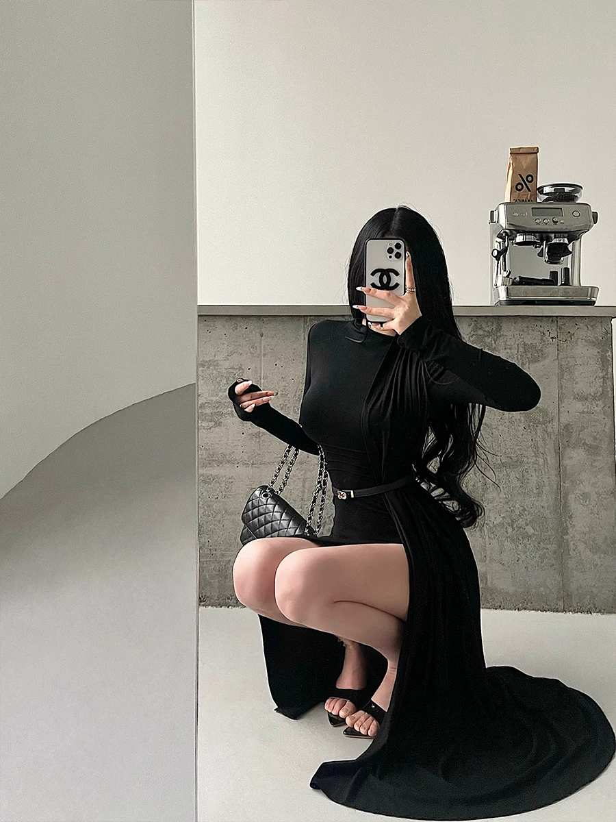 YoungGirlDay Phong cách Kendall Jenner dành cho quý cô trưởng thành, váy dài tay có cổ ruy băng, xẻ tà và thắt lưng.