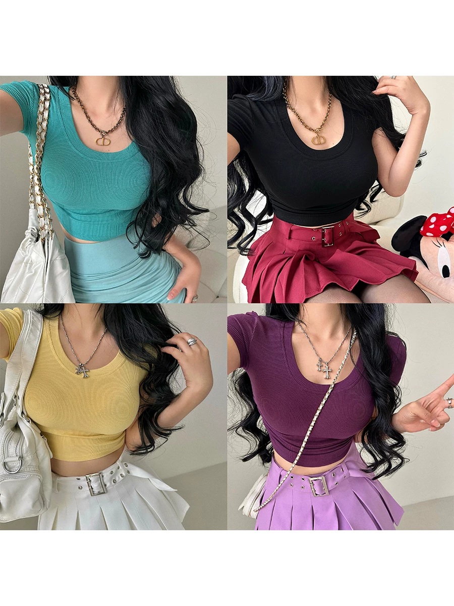 YoungGirlDay Pure Desire Cổ tròn gợi cảm Slim Fit Ruched Áo crop top ngắn màu trơn Áo thun ngắn tay màu trơn.