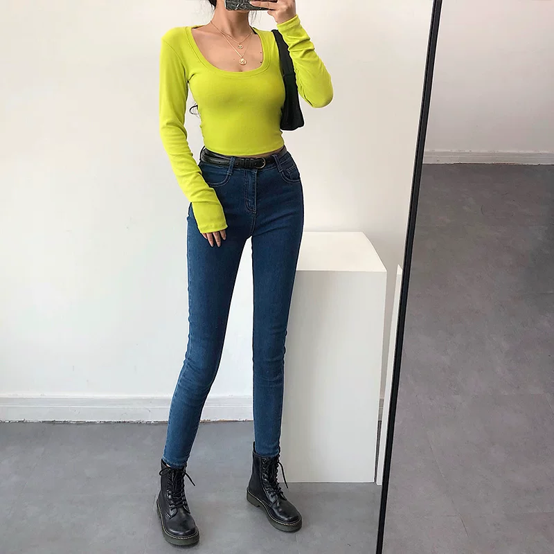 Quần jean skinny co giãn ôm sát, nâng mông, cạp cao, màu trơn, phong cách Âu Mỹ, đa năng, dành cho nữ.