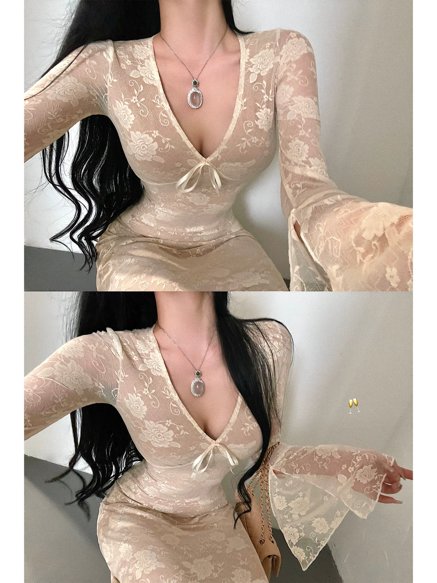 YoungGirlDay Pure Desire Váy dài ren ôm sát cổ chữ V gợi cảm, ôm eo, tay loe.