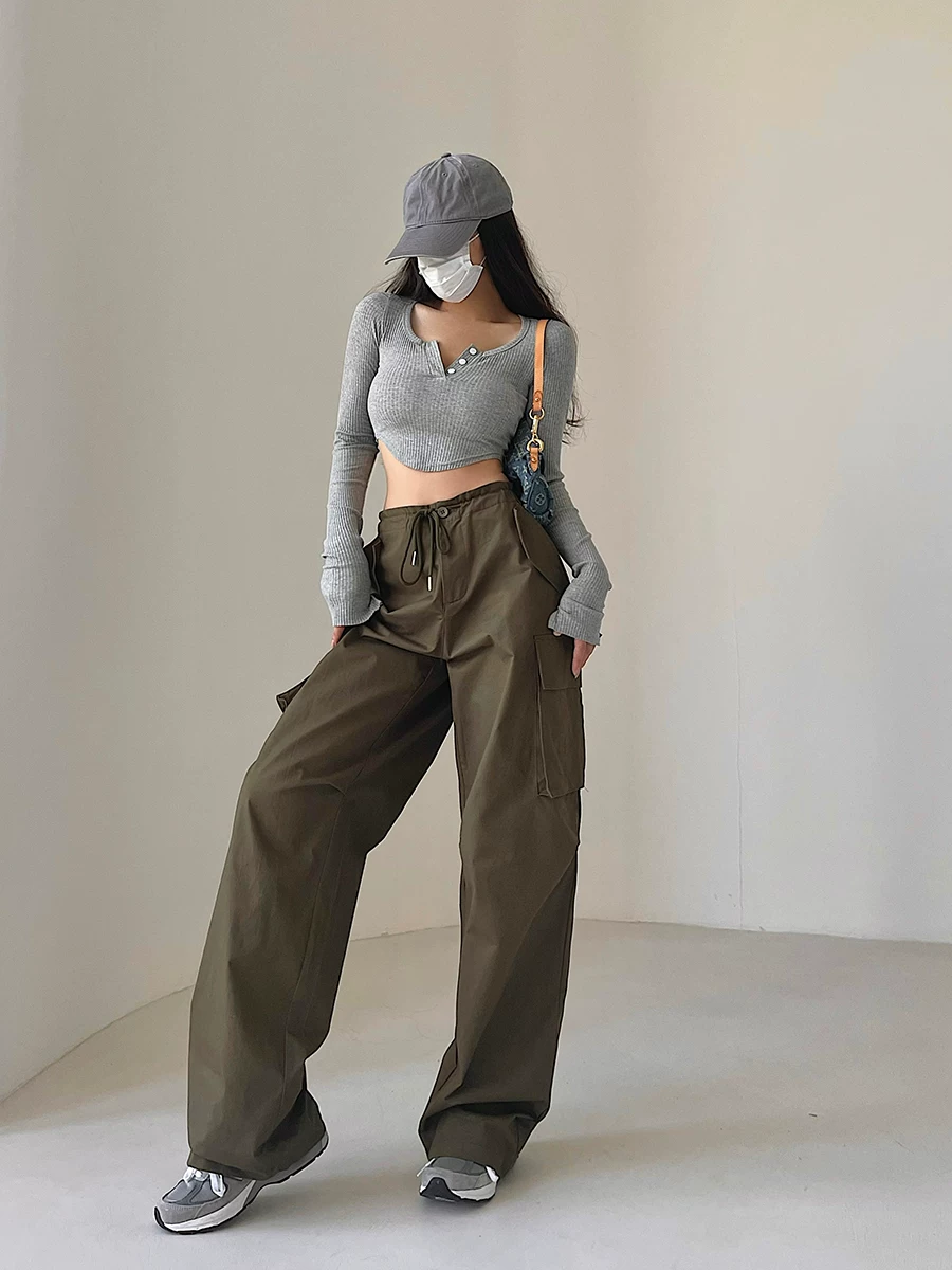YoungGirlDay Quần áo dạo phố phong cách Mỹ dáng rộng vừa vặn có dây rút giảm béo túi lớn quần ống rộng thông thường quần dài đến sàn