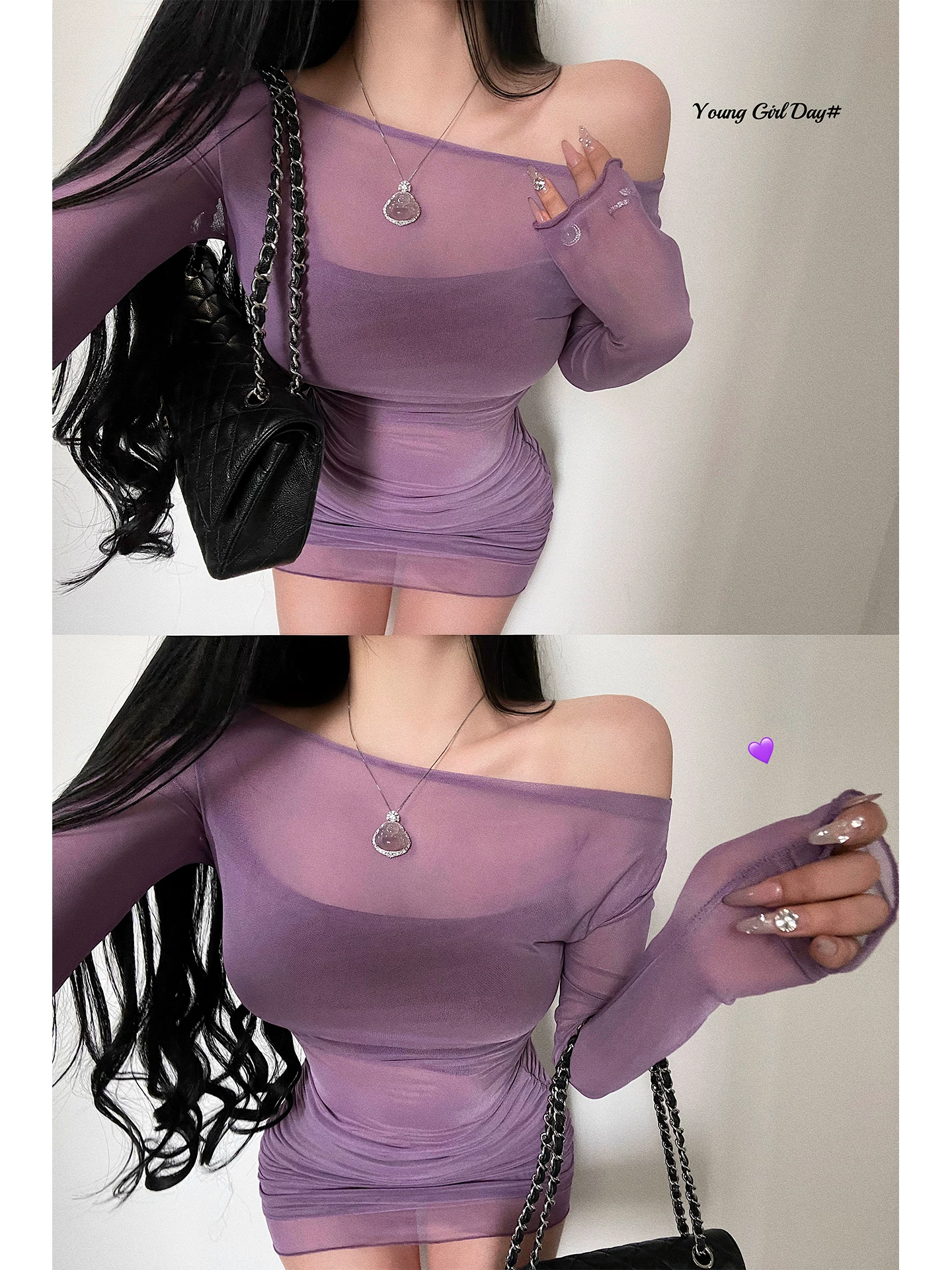 YoungGirlDay pure Desire sexy váy ngắn ôm sát vai một bên vai bằng vải lưới xếp nếp gợi cảm