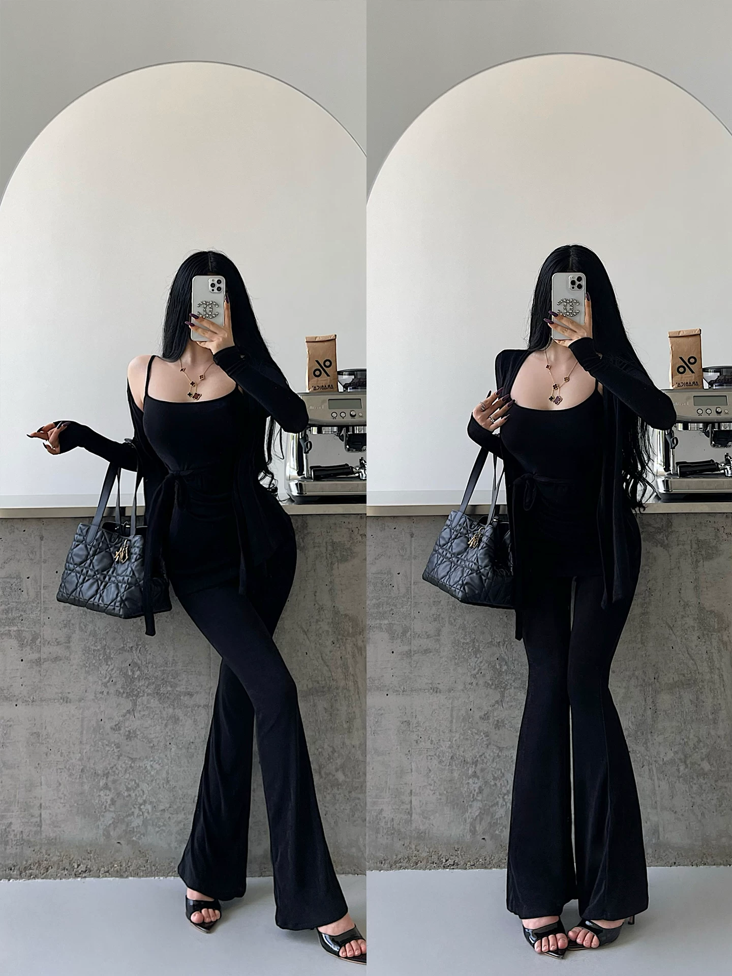 Bộ đồ nữ phong cách trưởng thành, gợi cảm, gồm áo camisole ren buộc dây, áo cardigan tay dài, quần dài cạp cao.