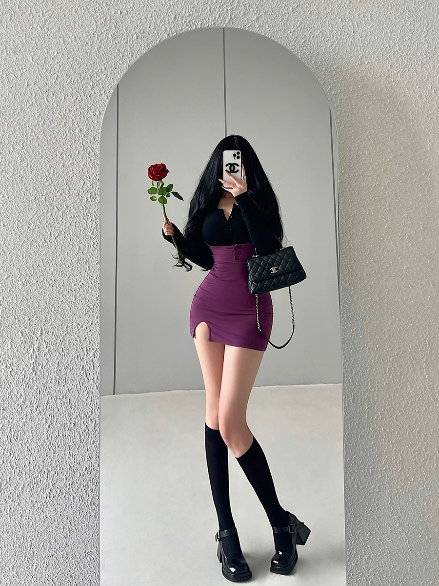 YoungGirlDay Pure Desire Áo thun dài tay một hàng khuy gợi cảm Váy ôm sát cổ có khe hở Bộ váy ngắn.