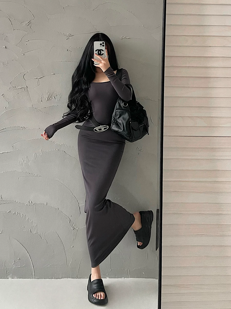 YoungGirlDay Kardashian váy ôm sát cổ tròn gợi cảm, ôm sát cơ thể, tay dài, váy dài